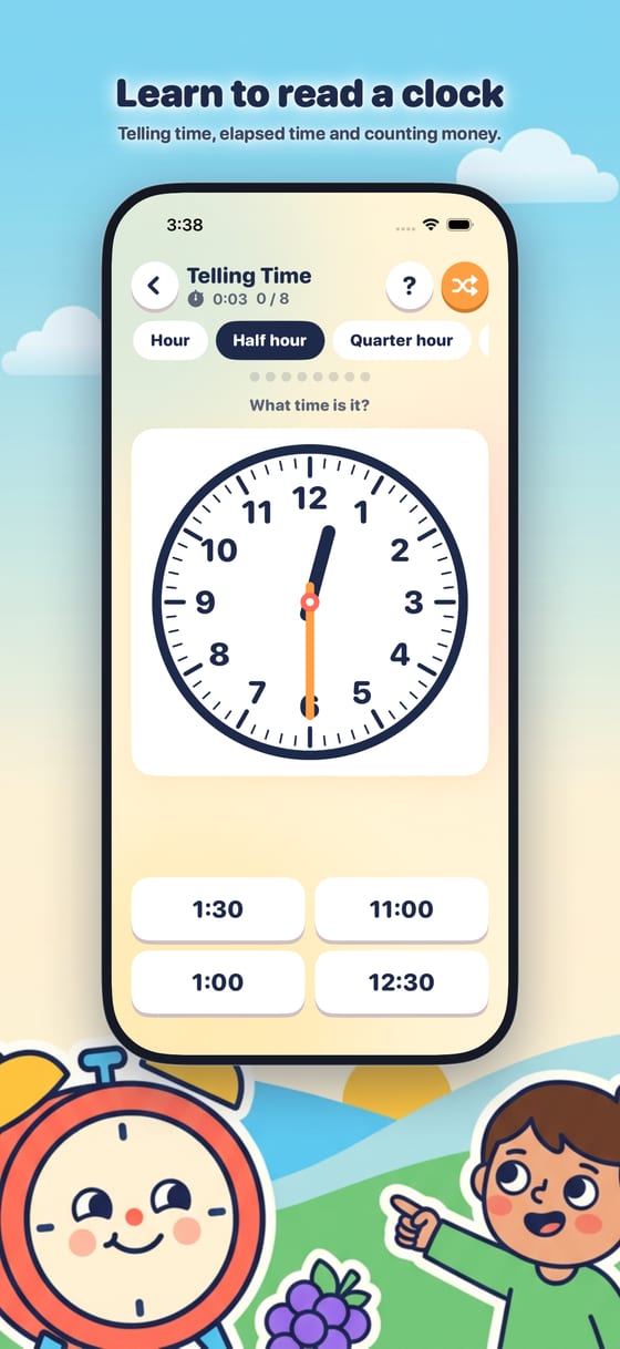 Telling time: read the clock and tap the answer