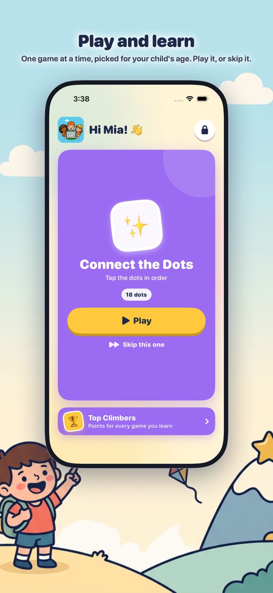 TinyClimbs Play & Learn home screen on an iPhone: one game waiting, with Play and Skip