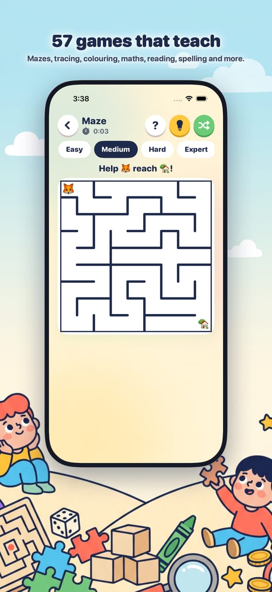 A maze traced with a finger, with Easy to Expert levels