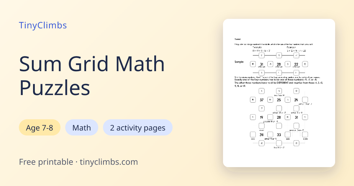 Sum Grid Math Puzzles — Free Printable | TinyClimbs